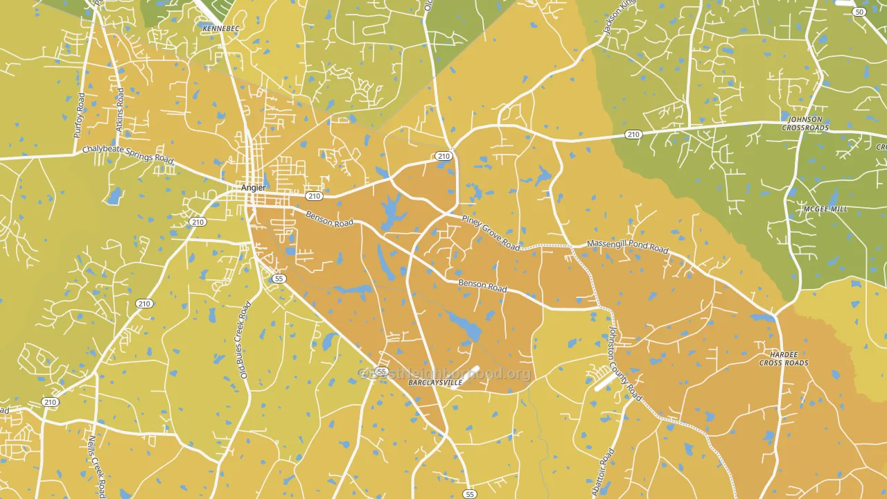 Map of the best neighborhoods in the 27501 area, with better matches in green and worse matches in red