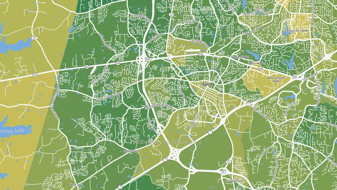 Map of the best neighborhoods in the 27502 area, with better matches in green and worse matches in red