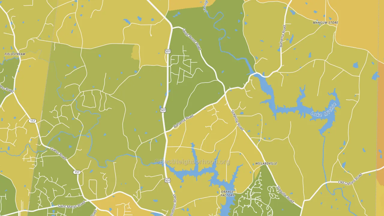 Map of the best neighborhoods in the 27503 area, with better matches in green and worse matches in red