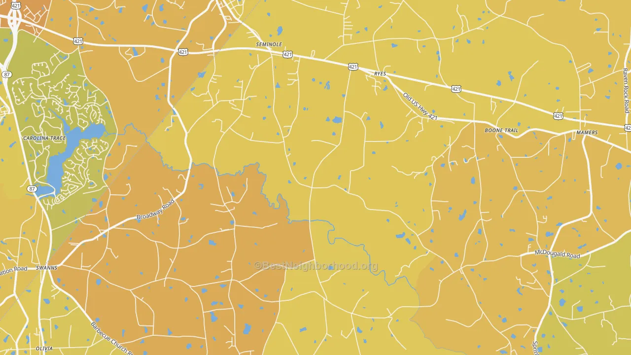 Map of the best neighborhoods in the 27505 area, with better matches in green and worse matches in red