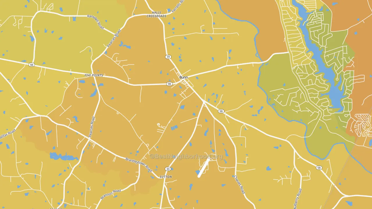 Map of the best neighborhoods in the 27508 area, with better matches in green and worse matches in red