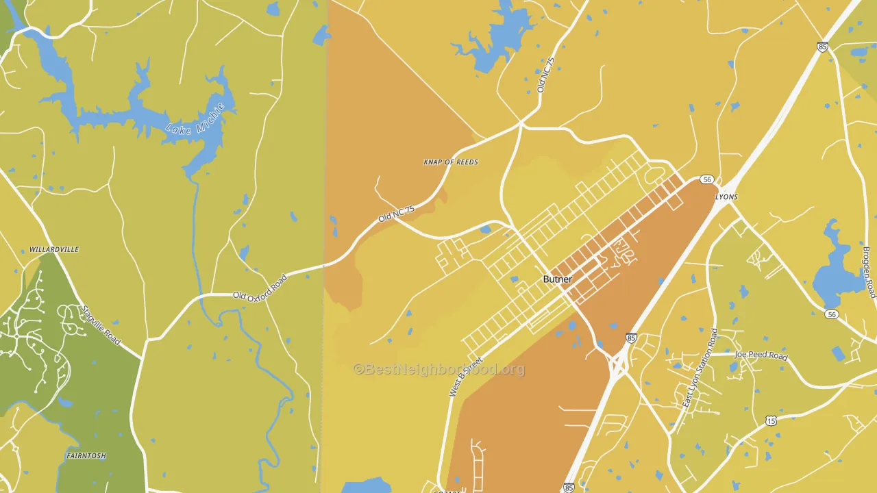 Map of the best neighborhoods in the 27509 area, with better matches in green and worse matches in red