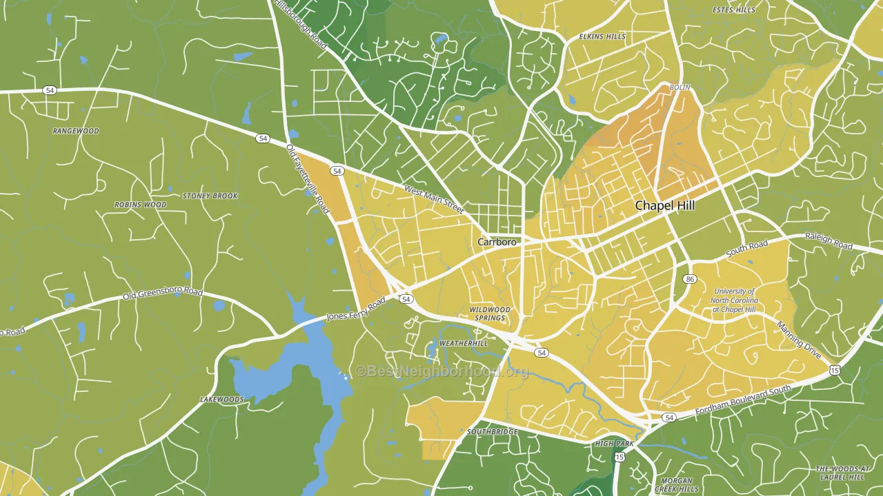 Map of the best neighborhoods in the 27510 area, with better matches in green and worse matches in red