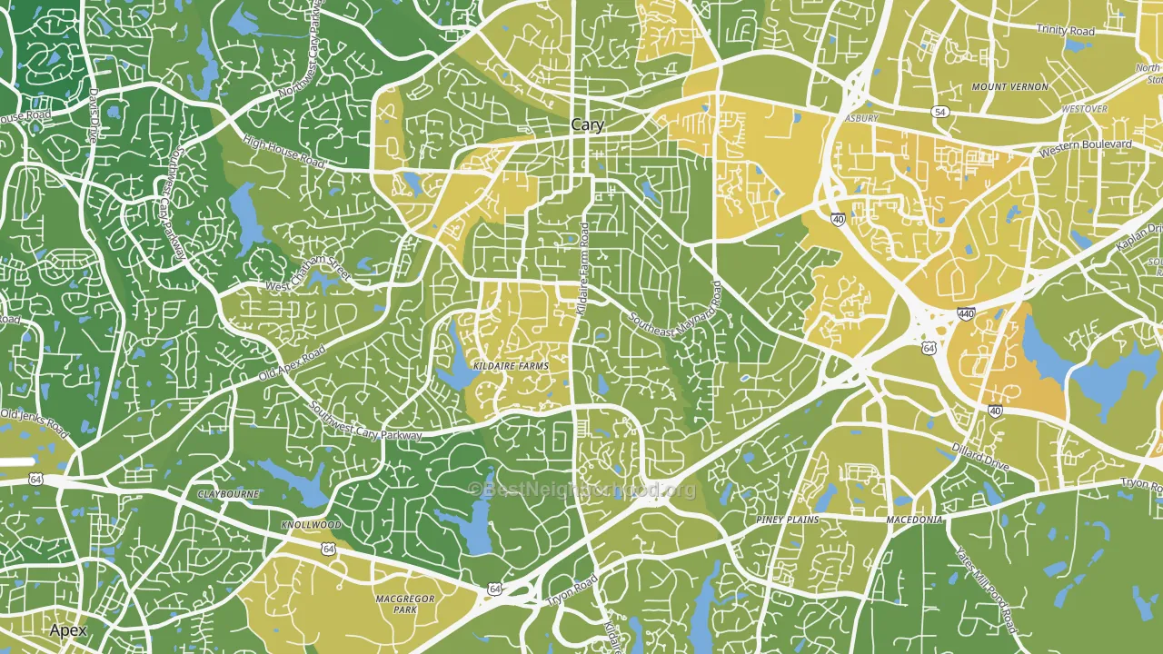 Map of the best neighborhoods in the 27511 area, with better matches in green and worse matches in red