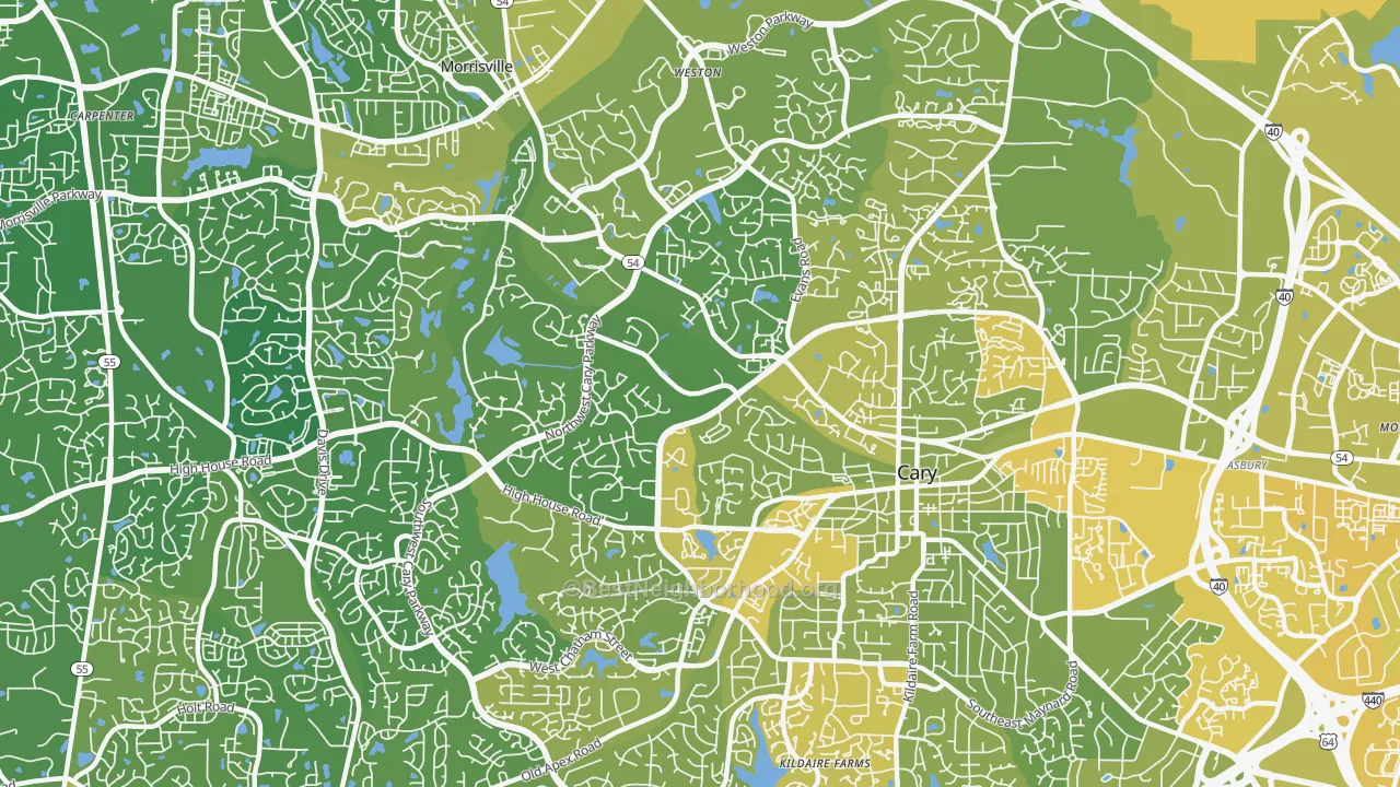 Map of the best neighborhoods in the 27513 area, with better matches in green and worse matches in red