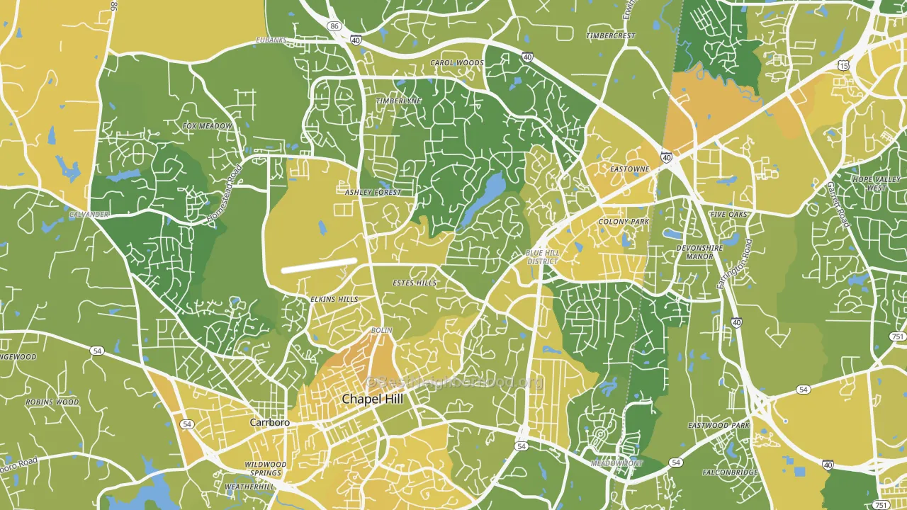 Map of the best neighborhoods in the 27514 area, with better matches in green and worse matches in red