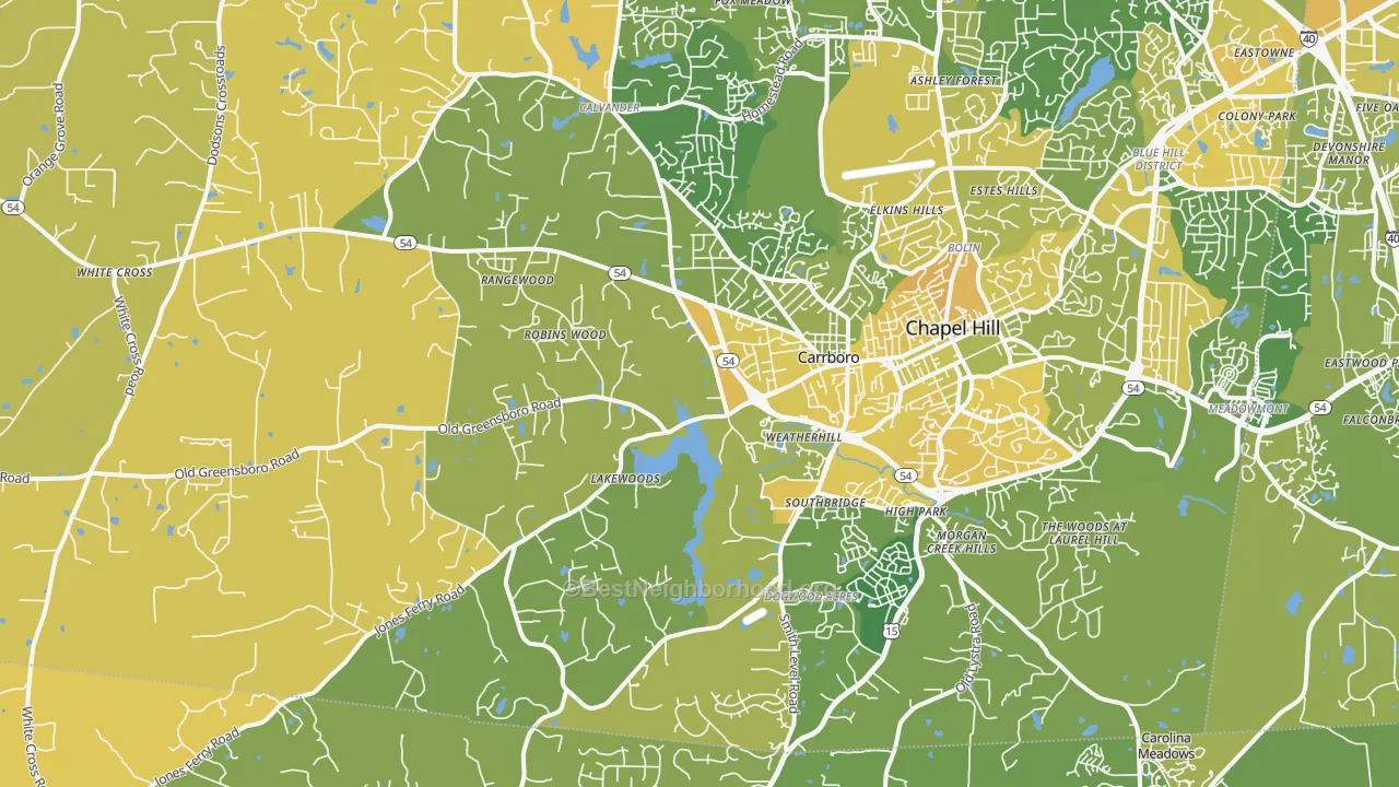 Map of the best neighborhoods in the 27516 area, with better matches in green and worse matches in red
