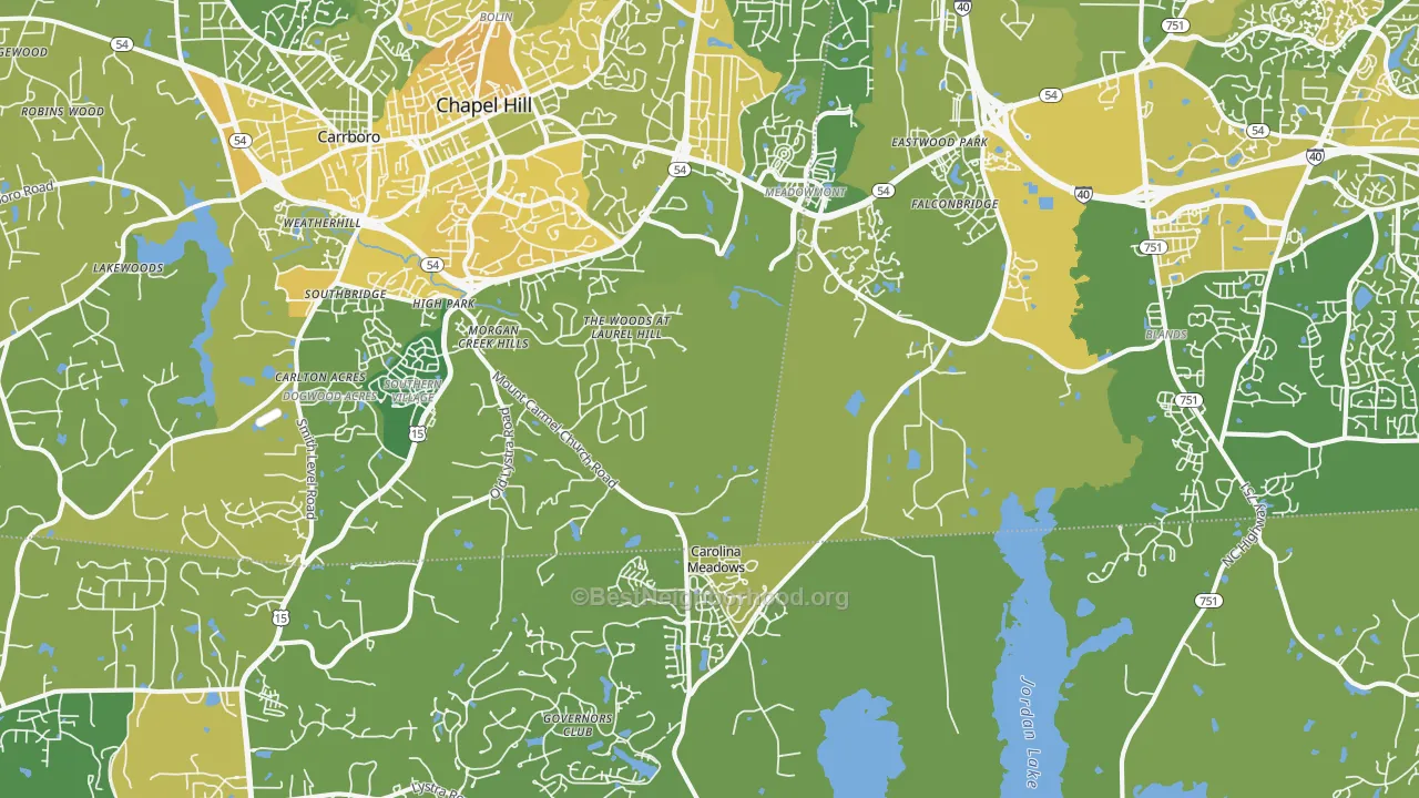 Map of the best neighborhoods in the 27517 area, with better matches in green and worse matches in red