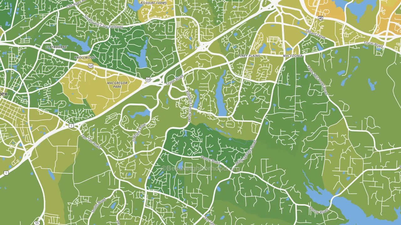 Map of the best neighborhoods in the 27518 area, with better matches in green and worse matches in red