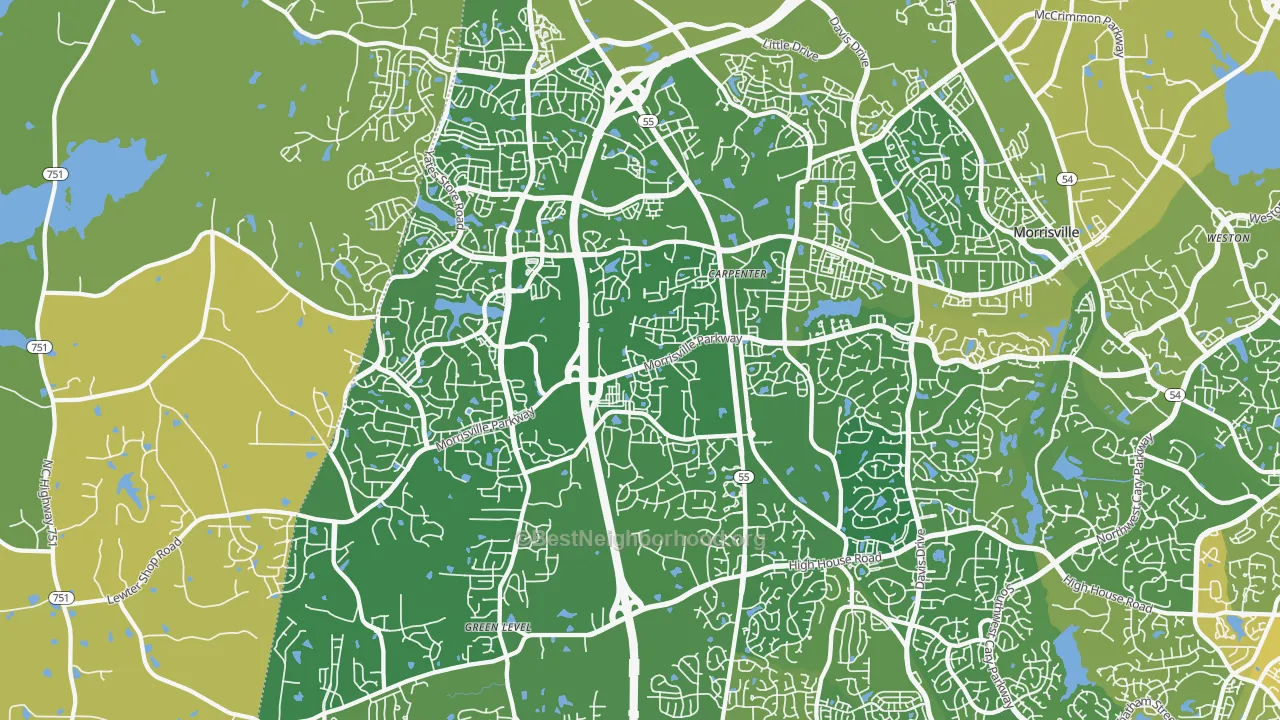 Map of the best neighborhoods in the 27519 area, with better matches in green and worse matches in red