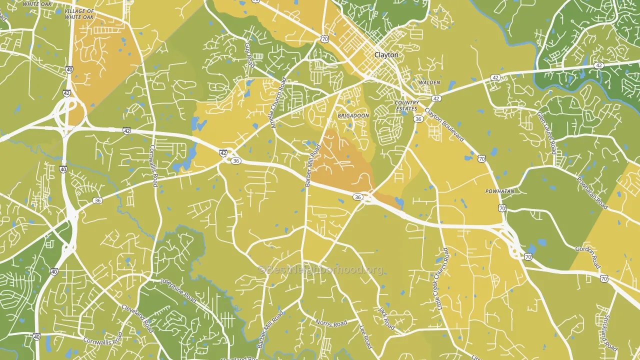 Map of the best neighborhoods in the 27520 area, with better matches in green and worse matches in red