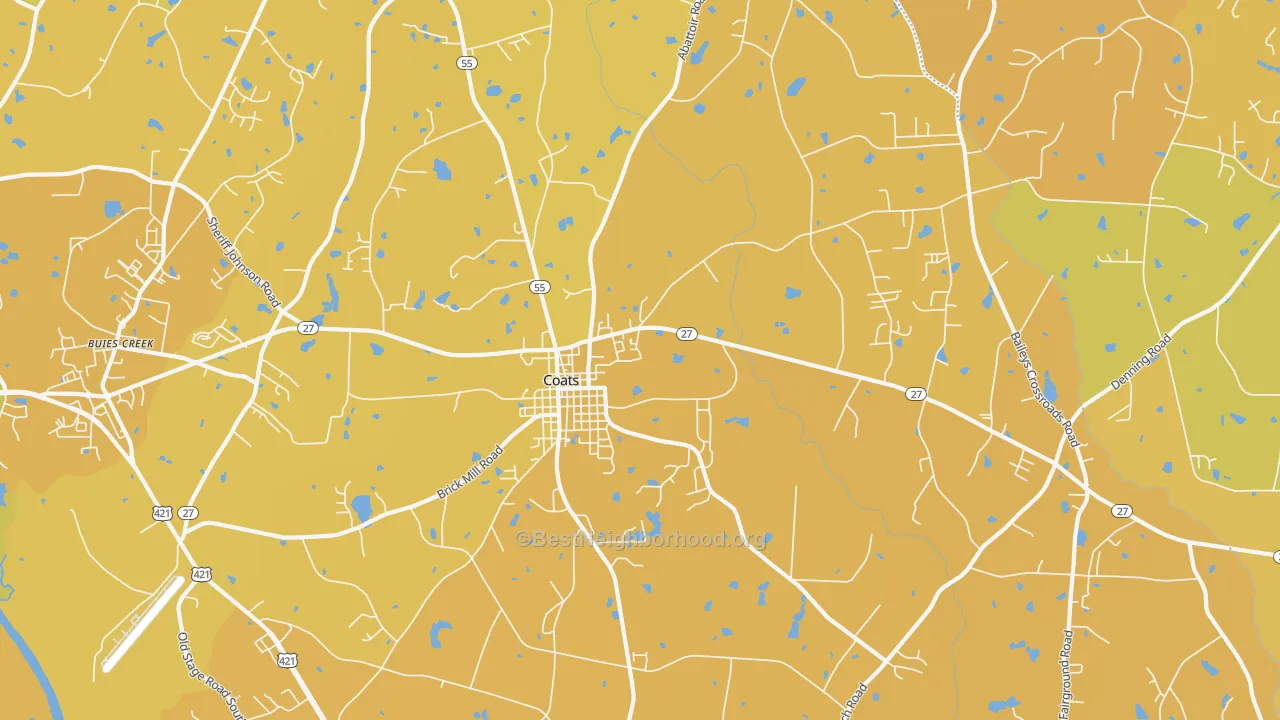 Map of the best neighborhoods in the 27521 area, with better matches in green and worse matches in red