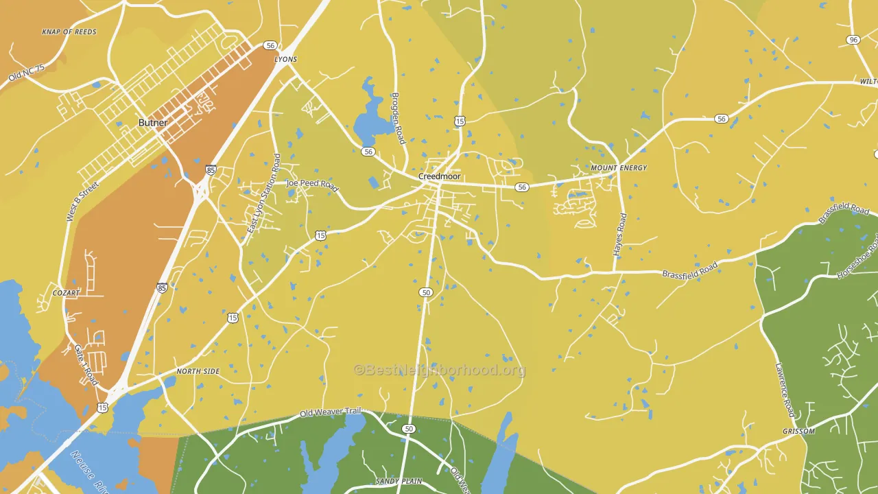 Map of the best neighborhoods in the 27522 area, with better matches in green and worse matches in red