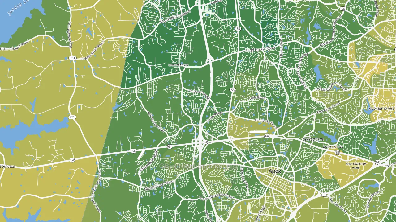 Map of the best neighborhoods in the 27523 area, with better matches in green and worse matches in red