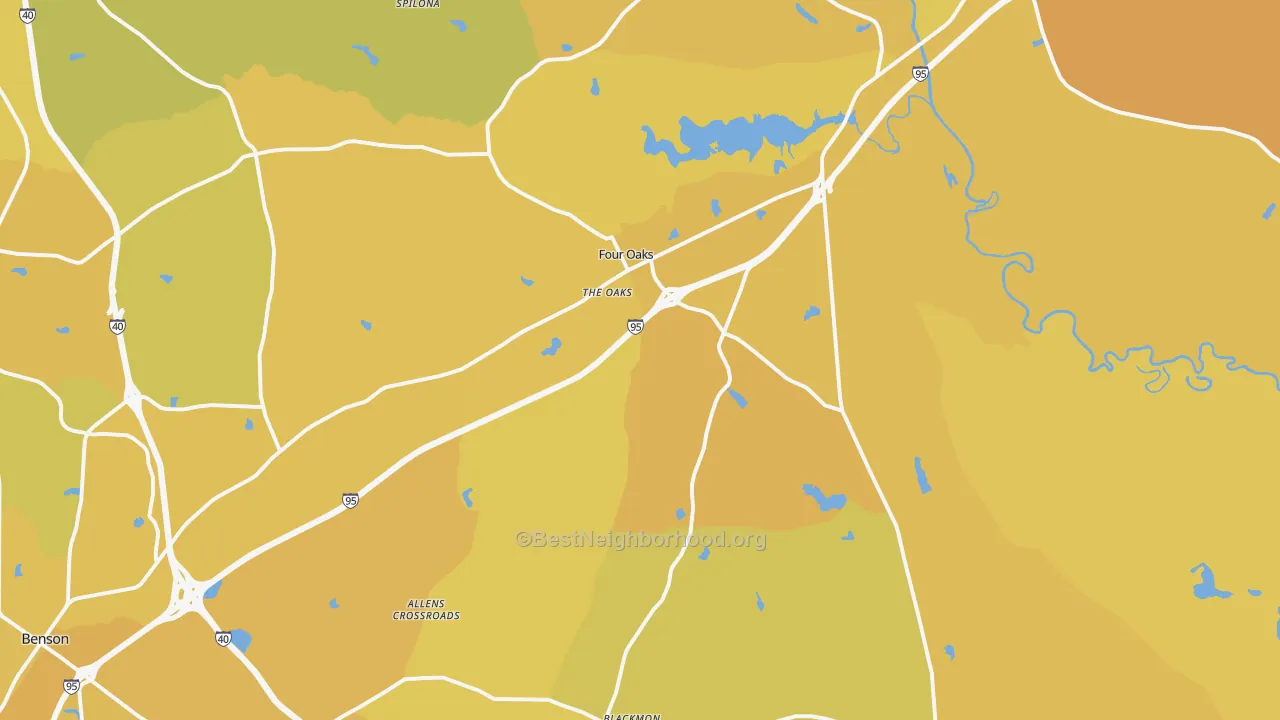 Map of the best neighborhoods in the 27524 area, with better matches in green and worse matches in red