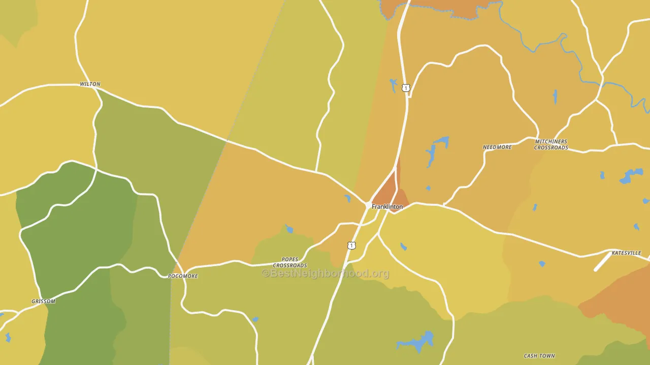 Map of the best neighborhoods in the 27525 area, with better matches in green and worse matches in red