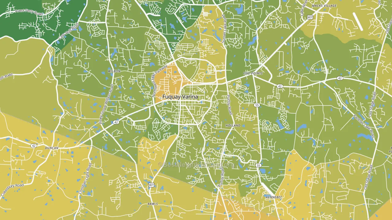 Map of the best neighborhoods in the 27526 area, with better matches in green and worse matches in red