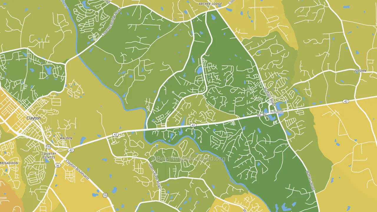 Map of the best neighborhoods in the 27527 area, with better matches in green and worse matches in red