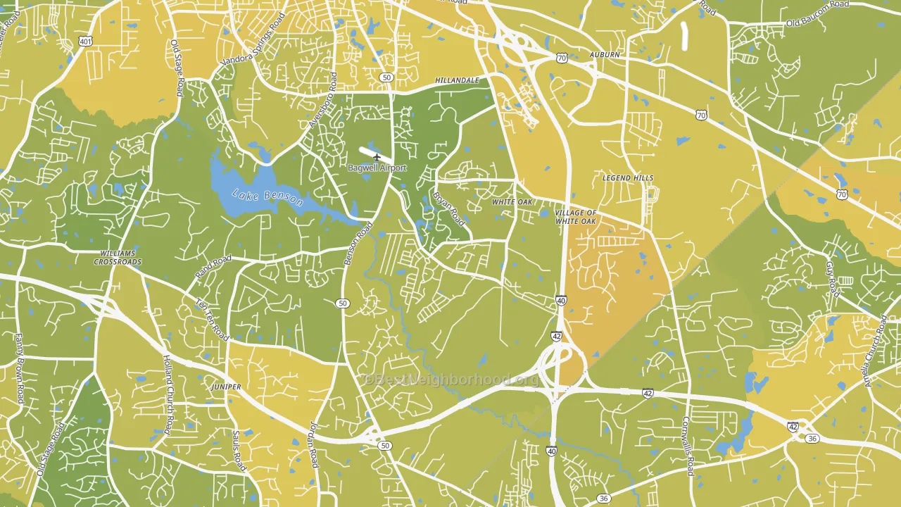 Map of the best neighborhoods in the 27529 area, with better matches in green and worse matches in red