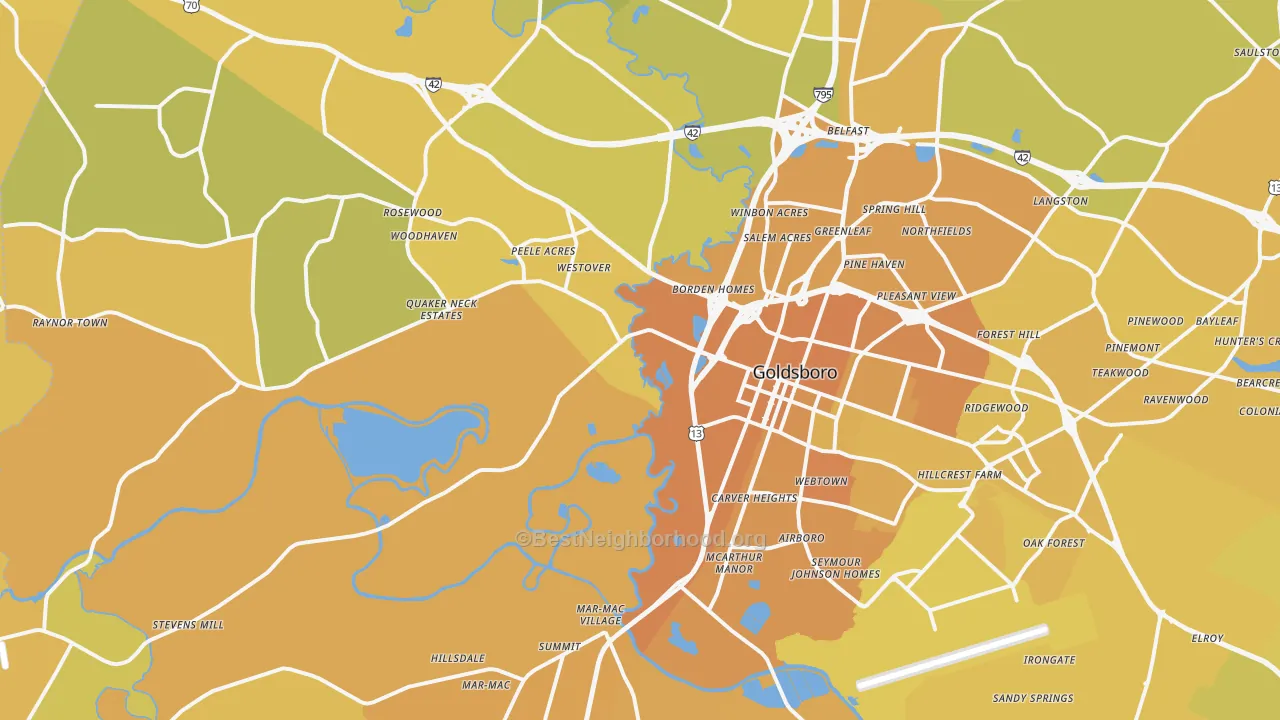 Map of the best neighborhoods in the 27530 area, with better matches in green and worse matches in red