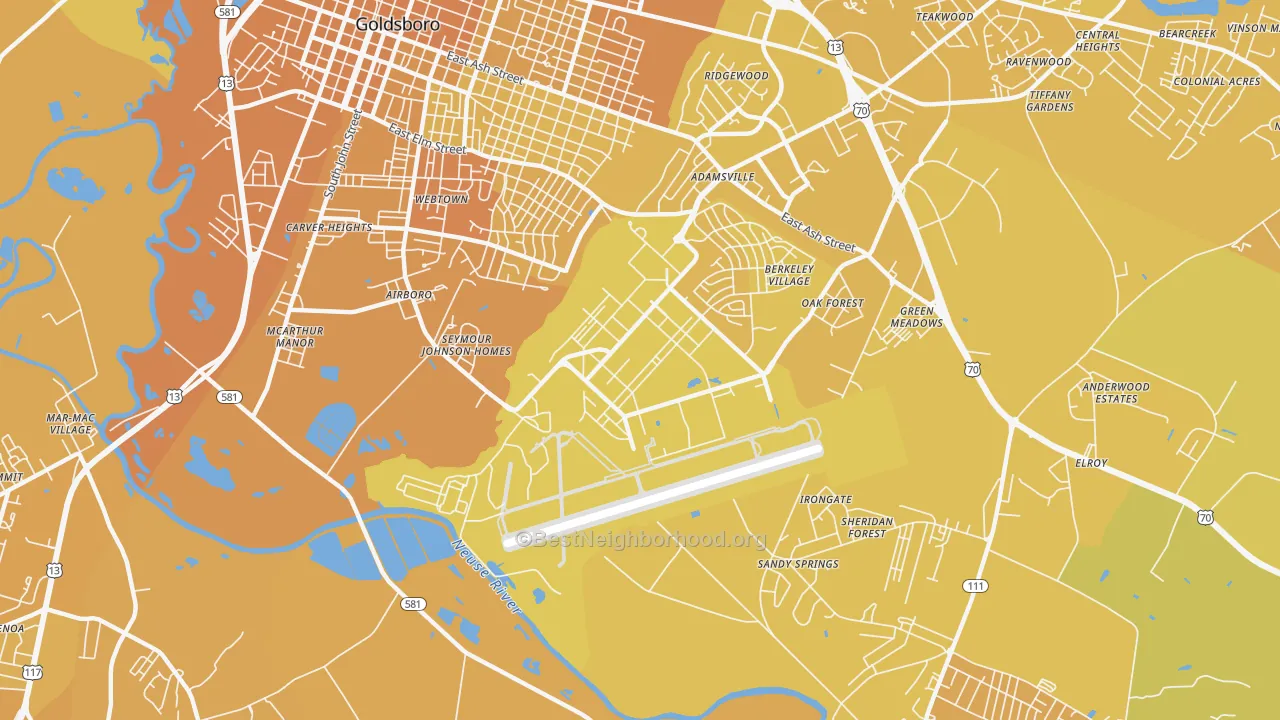 Map of the best neighborhoods in the 27531 area, with better matches in green and worse matches in red