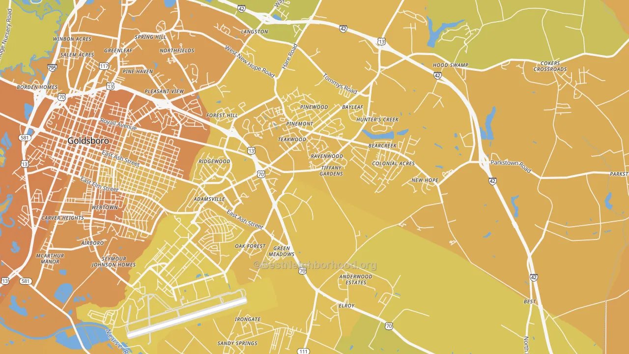 Map of the best neighborhoods in the 27534 area, with better matches in green and worse matches in red