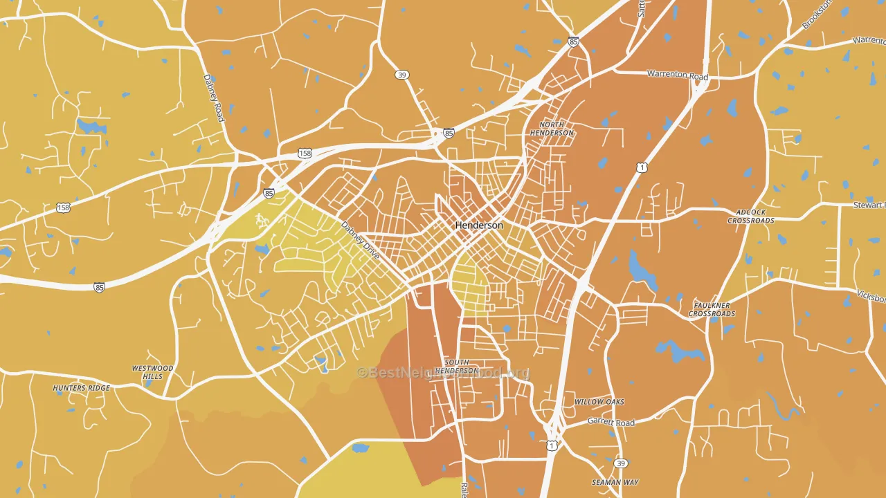 Map of the best neighborhoods in the 27536 area, with better matches in green and worse matches in red