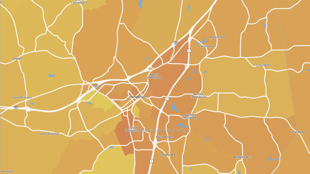 Map of the best neighborhoods in the 27537 area, with better matches in green and worse matches in red