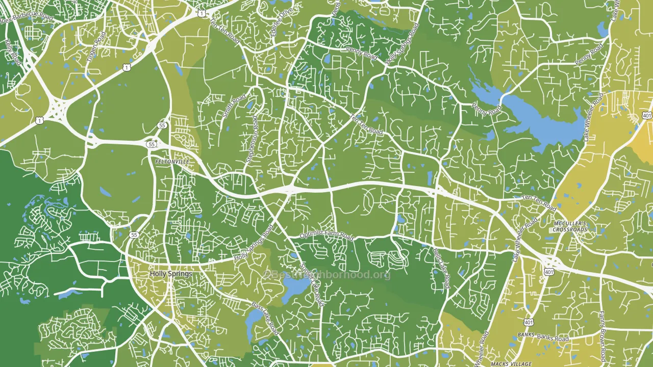 Map of the best neighborhoods in the 27539 area, with better matches in green and worse matches in red