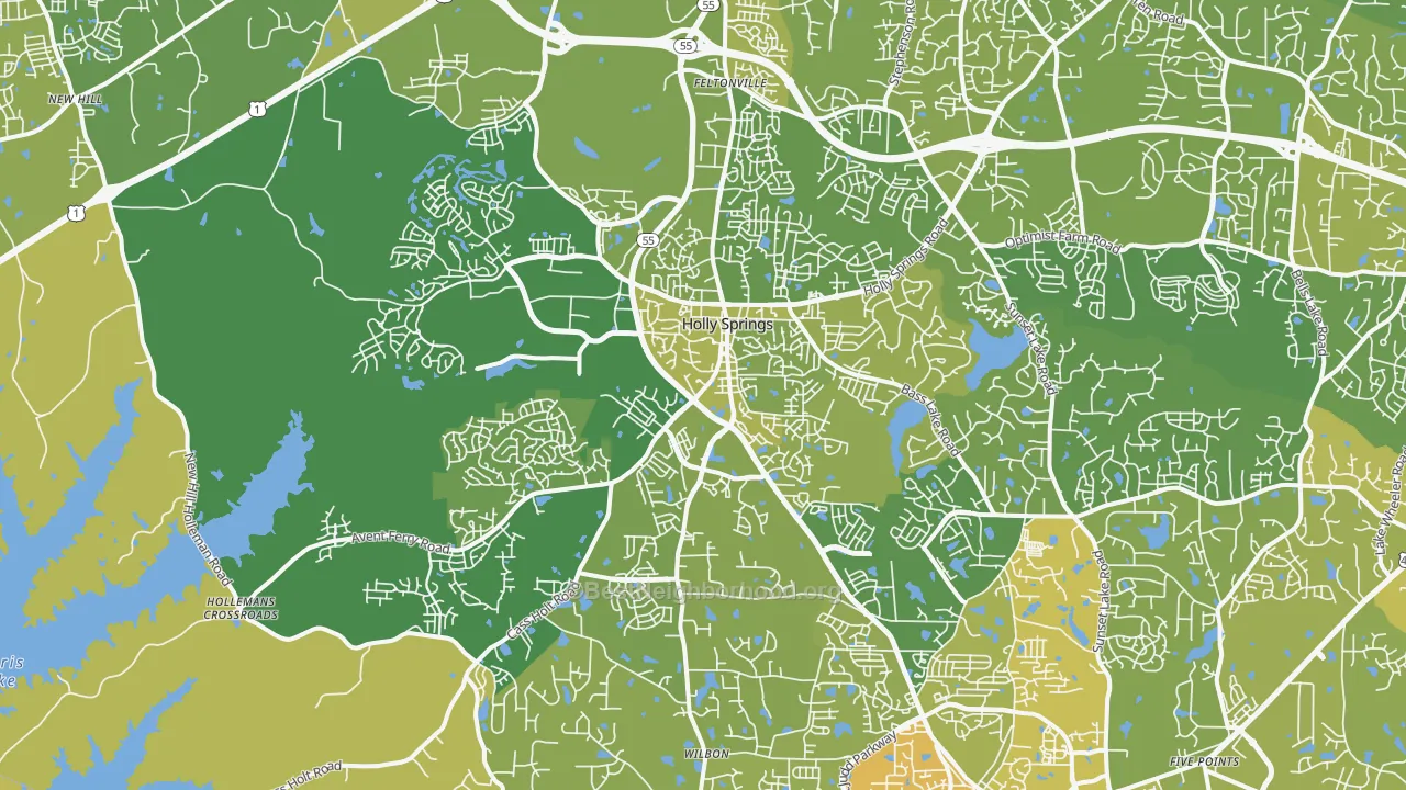 Map of the best neighborhoods in the 27540 area, with better matches in green and worse matches in red