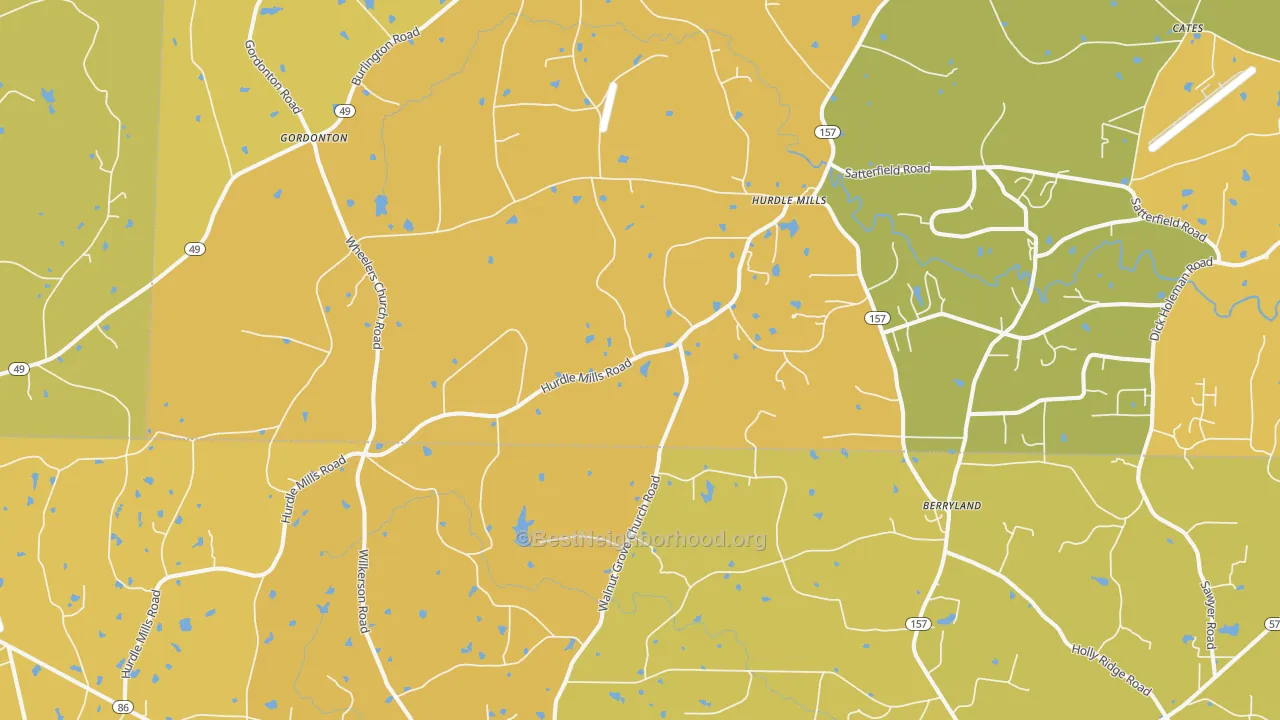 Map of the best neighborhoods in the 27541 area, with better matches in green and worse matches in red