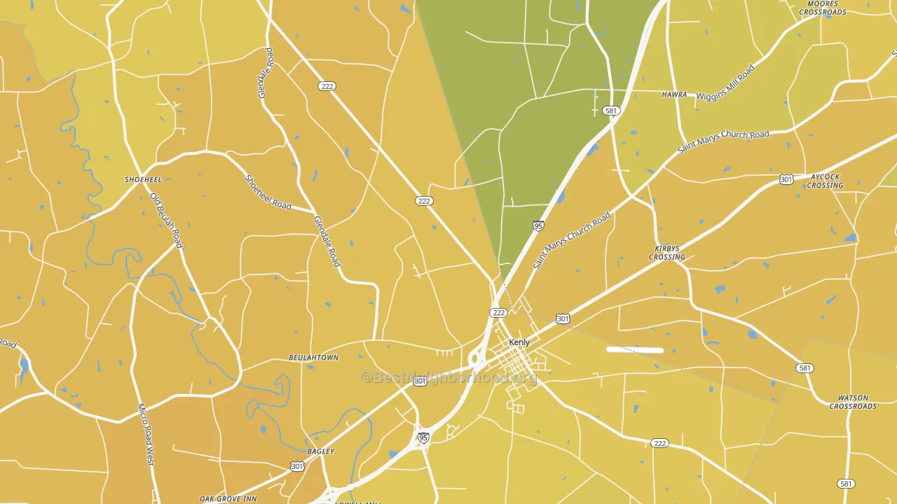 Map of the best neighborhoods in the 27542 area, with better matches in green and worse matches in red