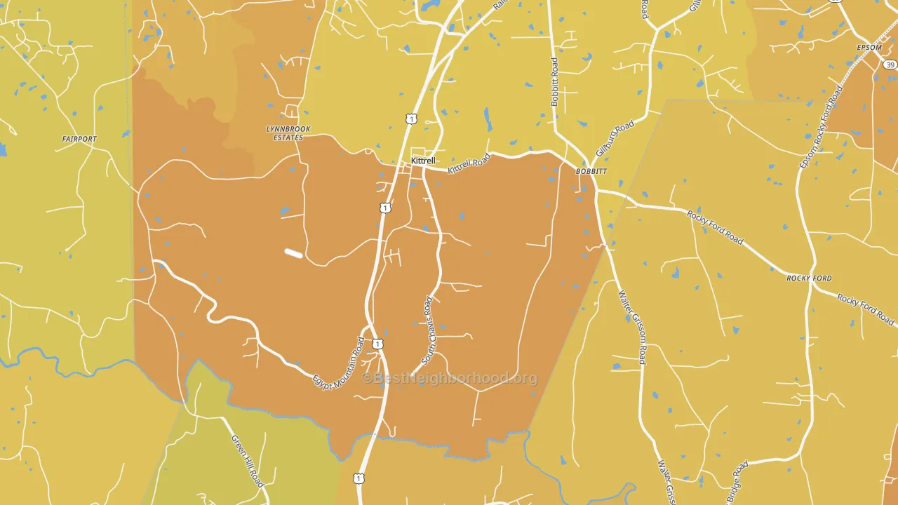 Map of the best neighborhoods in the 27544 area, with better matches in green and worse matches in red