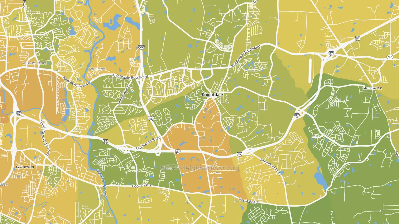 Map of the best neighborhoods in the 27545 area, with better matches in green and worse matches in red