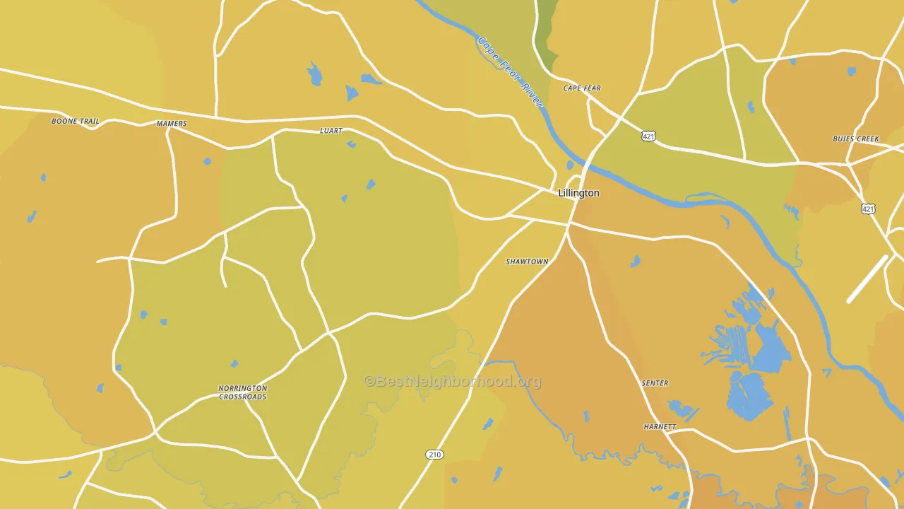 Map of the best neighborhoods in the 27546 area, with better matches in green and worse matches in red