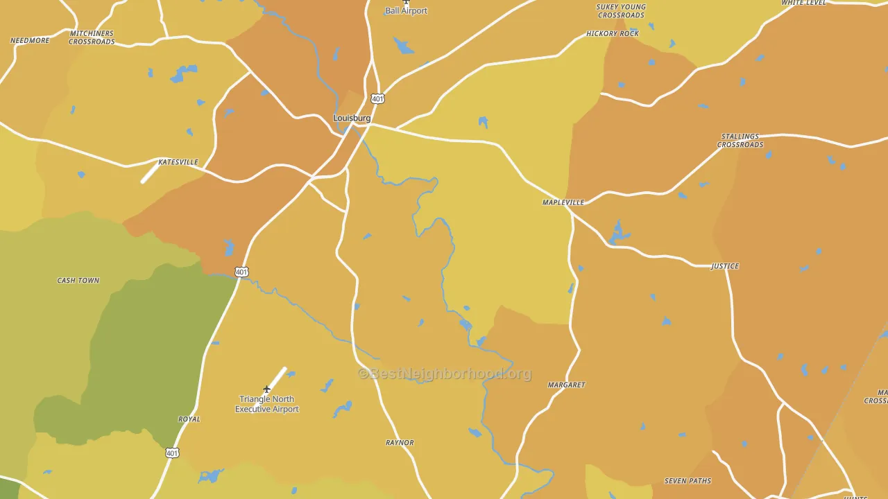 Map of the best neighborhoods in the 27549 area, with better matches in green and worse matches in red