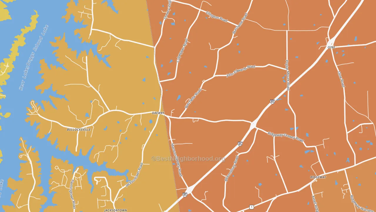 Map of the best neighborhoods in the 27553 area, with better matches in green and worse matches in red
