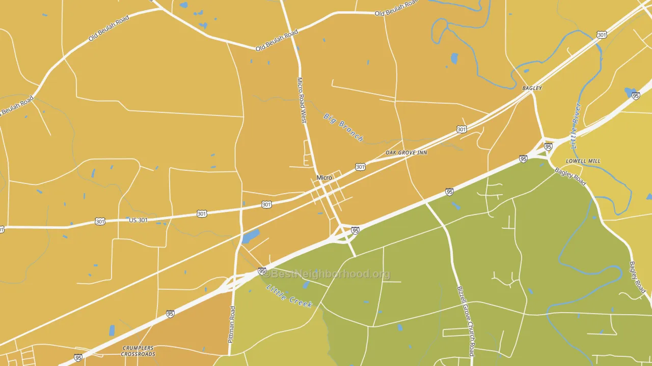 Map of the best neighborhoods in the 27555 area, with better matches in green and worse matches in red