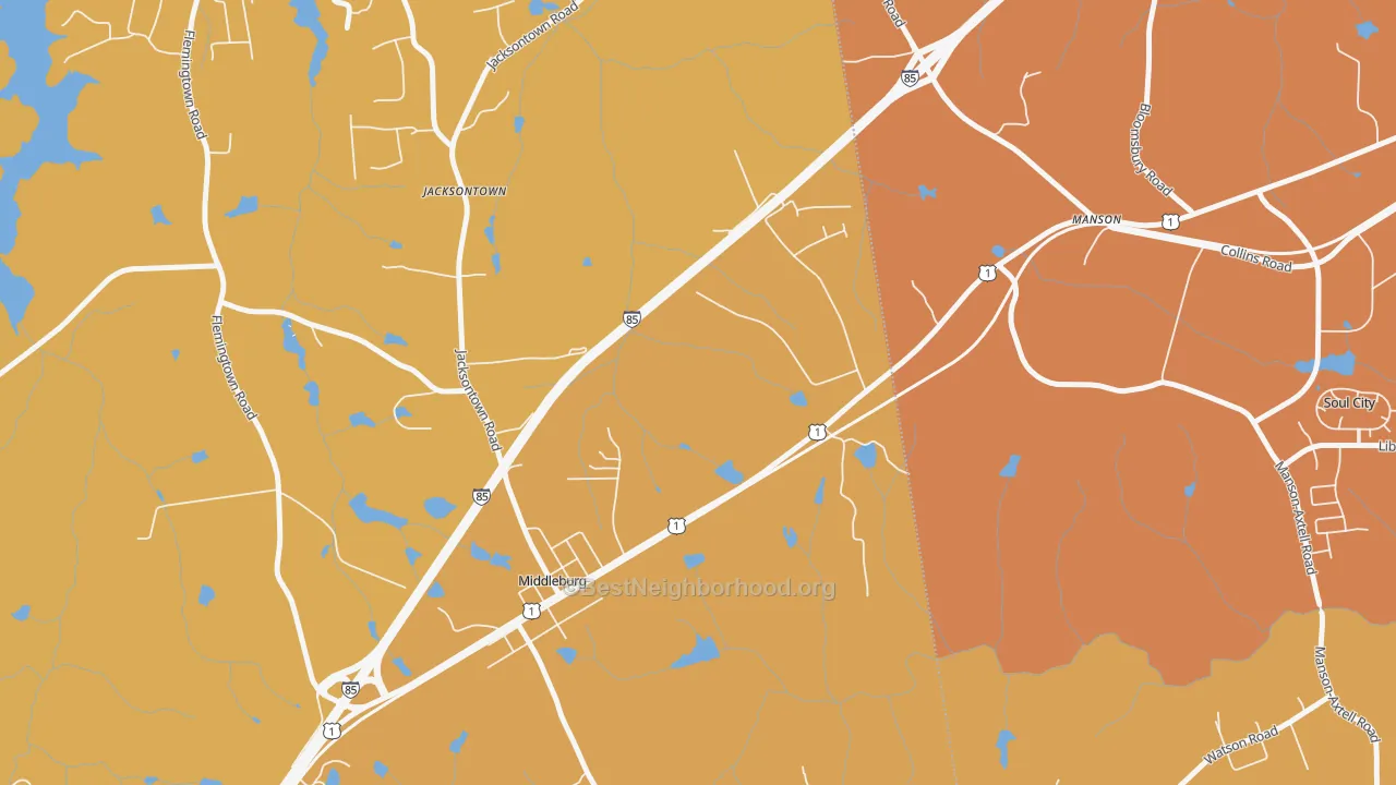 Map of the best neighborhoods in the 27556 area, with better matches in green and worse matches in red