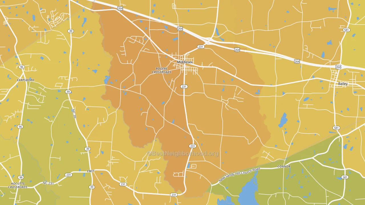 Map of the best neighborhoods in the 27557 area, with better matches in green and worse matches in red
