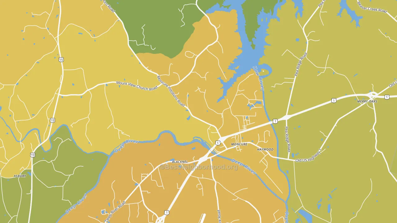 Map of the best neighborhoods in the 27559 area, with better matches in green and worse matches in red