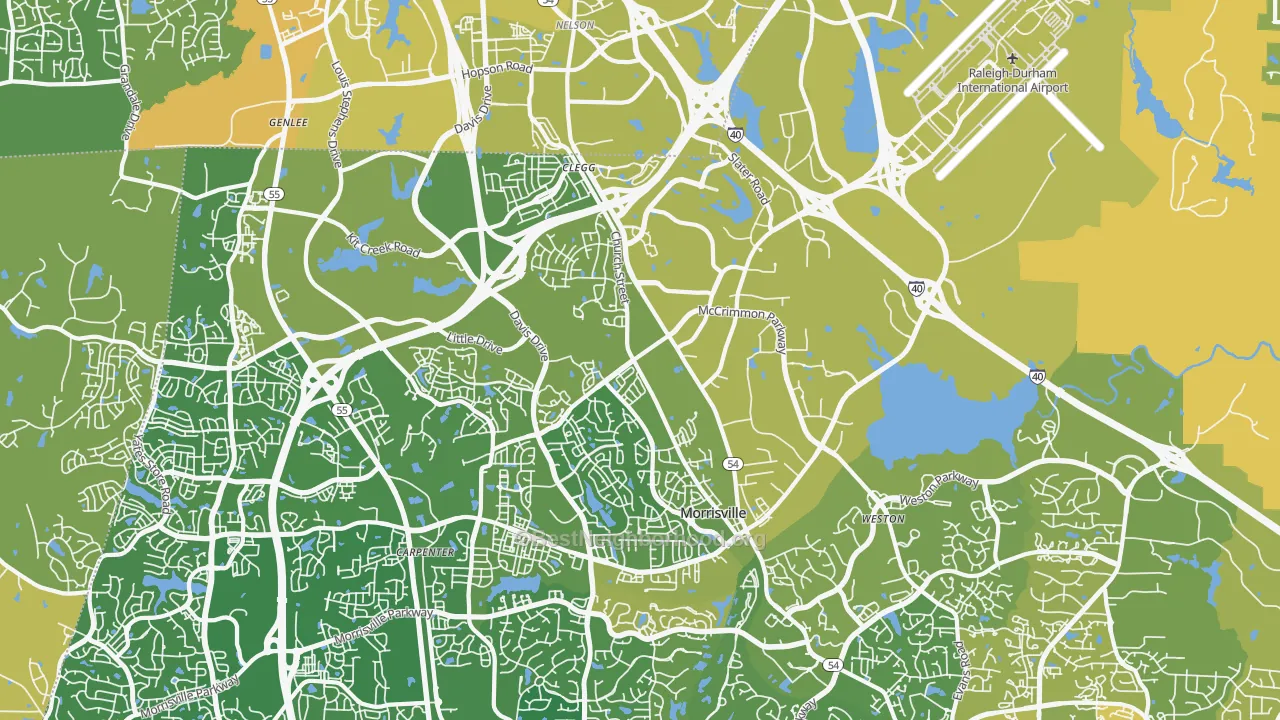Map of the best neighborhoods in the 27560 area, with better matches in green and worse matches in red