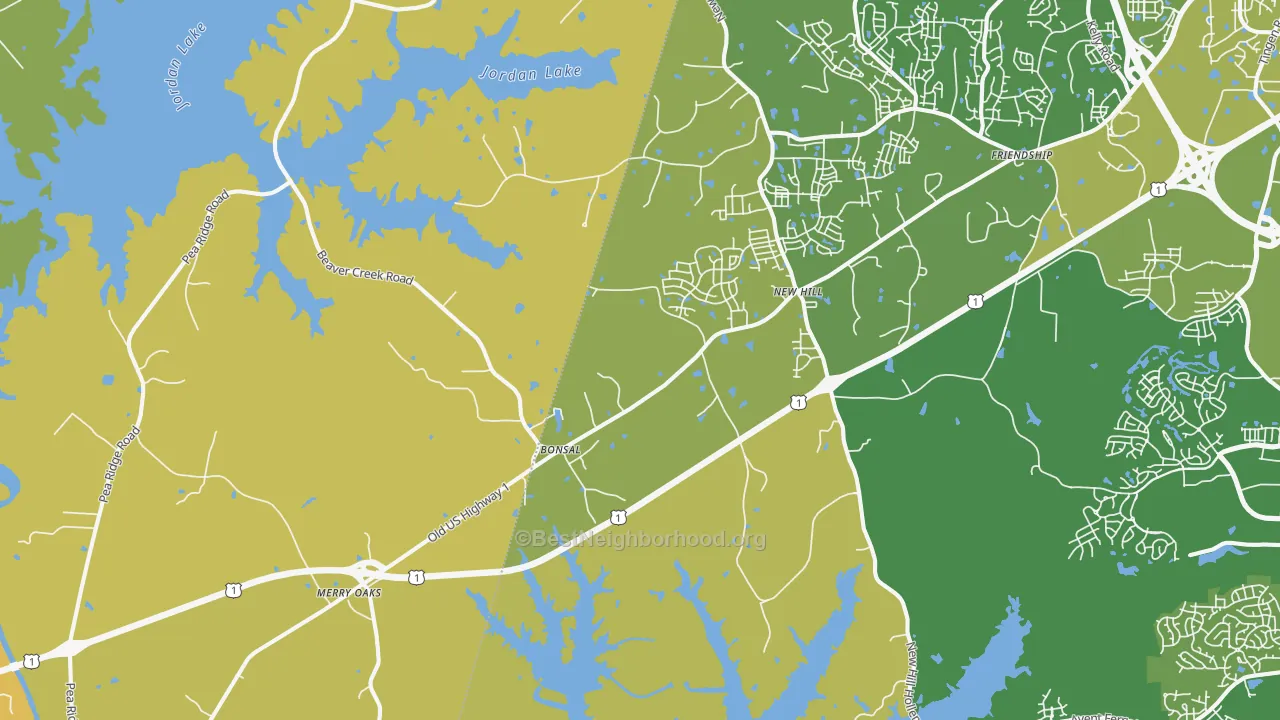 Map of the best neighborhoods in the 27562 area, with better matches in green and worse matches in red
