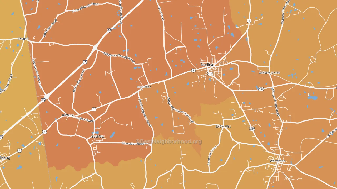 Map of the best neighborhoods in the 27563 area, with better matches in green and worse matches in red