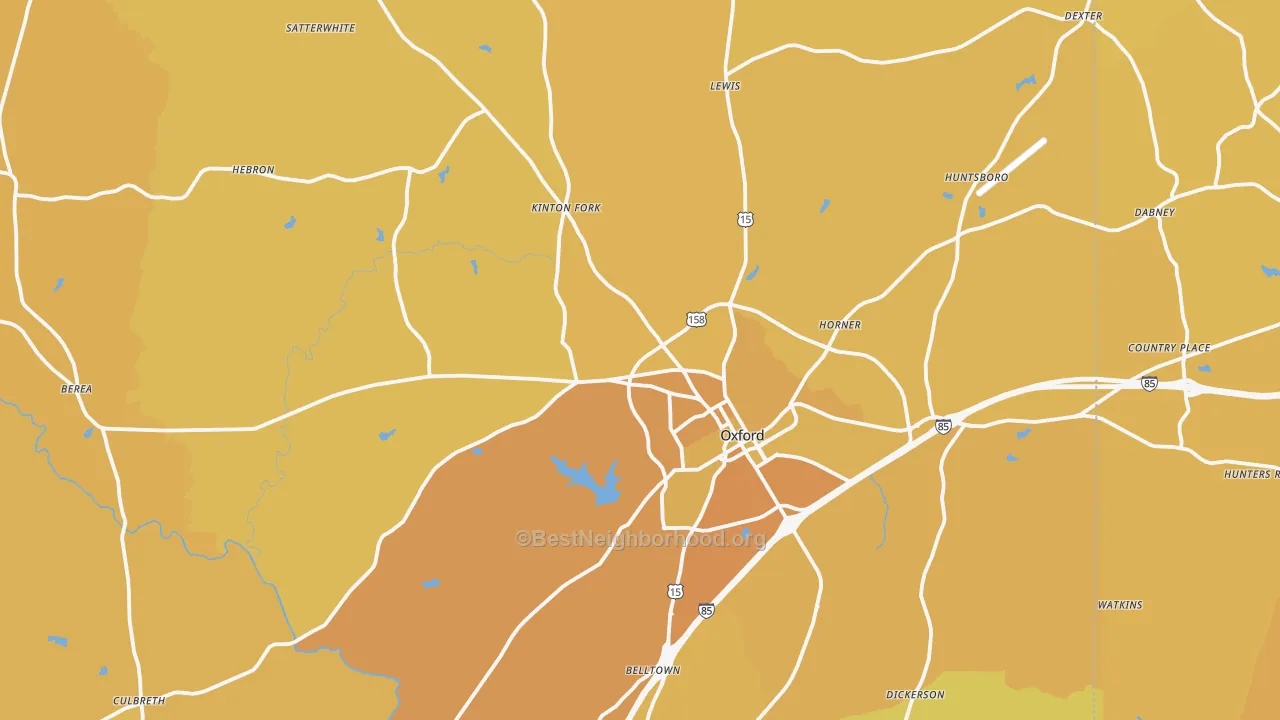 Map of the best neighborhoods in the 27565 area, with better matches in green and worse matches in red