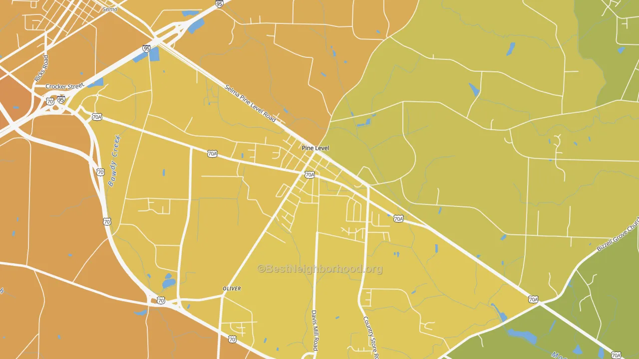Map of the best neighborhoods in the 27568 area, with better matches in green and worse matches in red