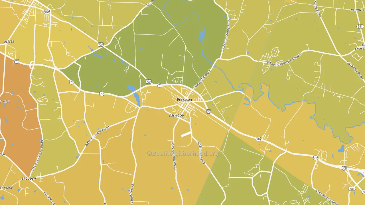 Map of the best neighborhoods in the 27569 area, with better matches in green and worse matches in red