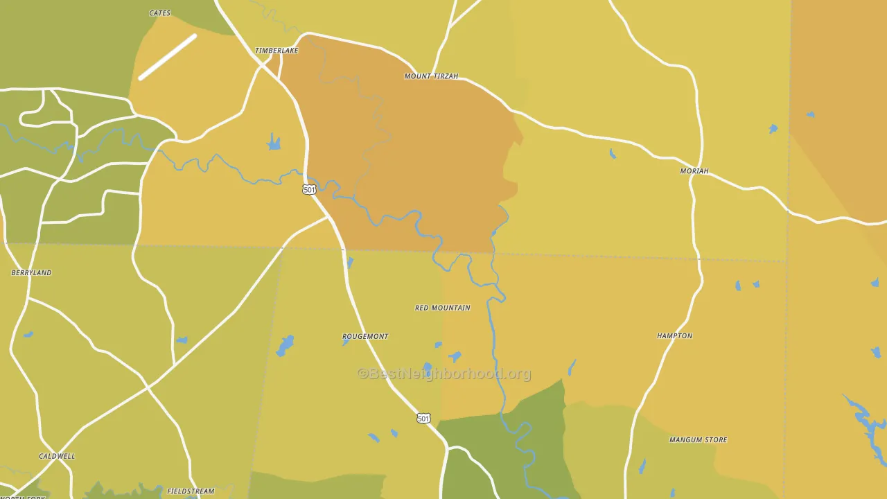 Map of the best neighborhoods in the 27572 area, with better matches in green and worse matches in red