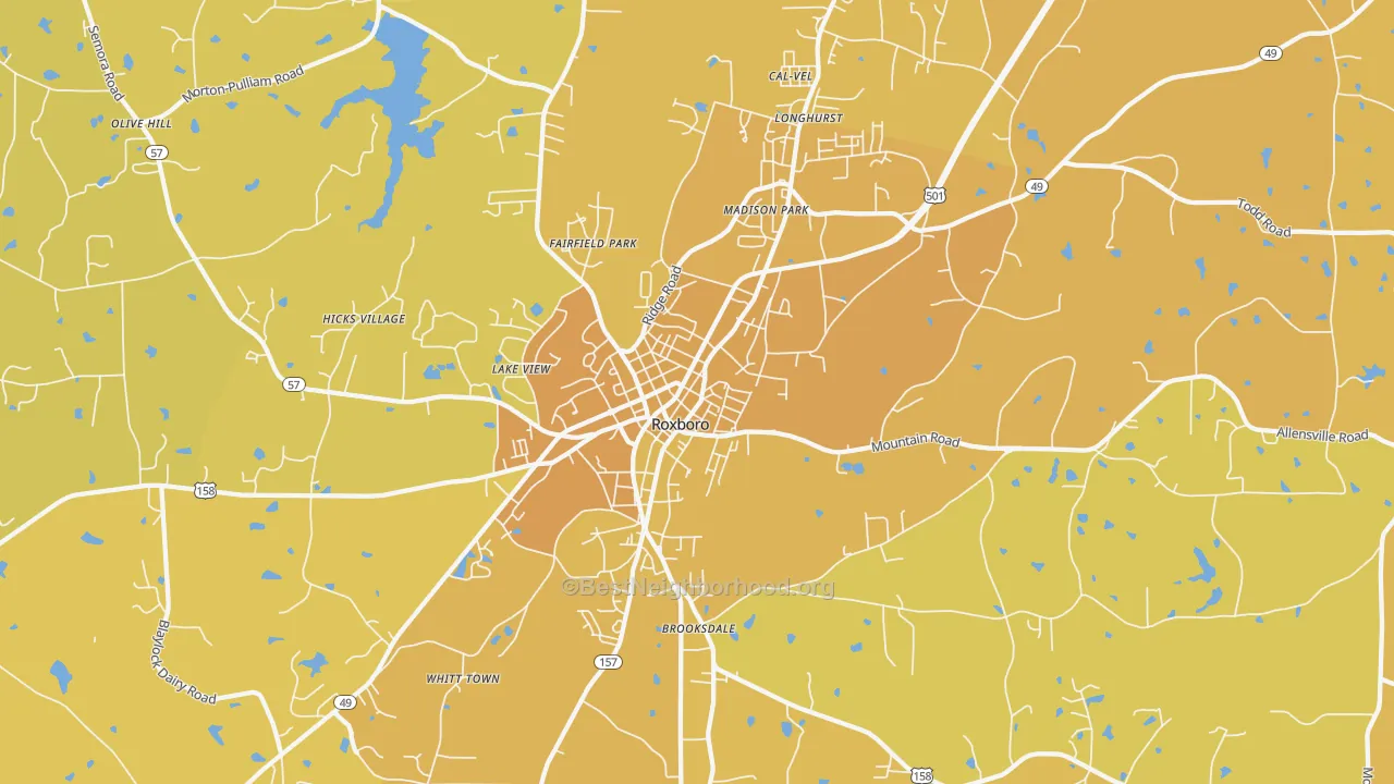 Map of the best neighborhoods in the 27573 area, with better matches in green and worse matches in red