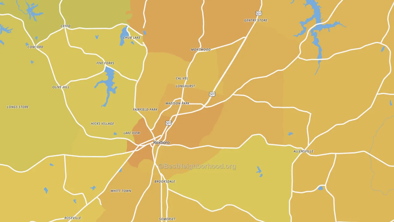 Map of the best neighborhoods in the 27574 area, with better matches in green and worse matches in red